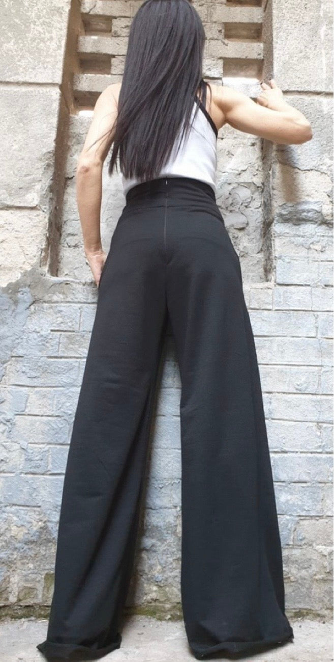 Black High Waist Wide Leg Cotton Pants – Asymmetrical Detail
