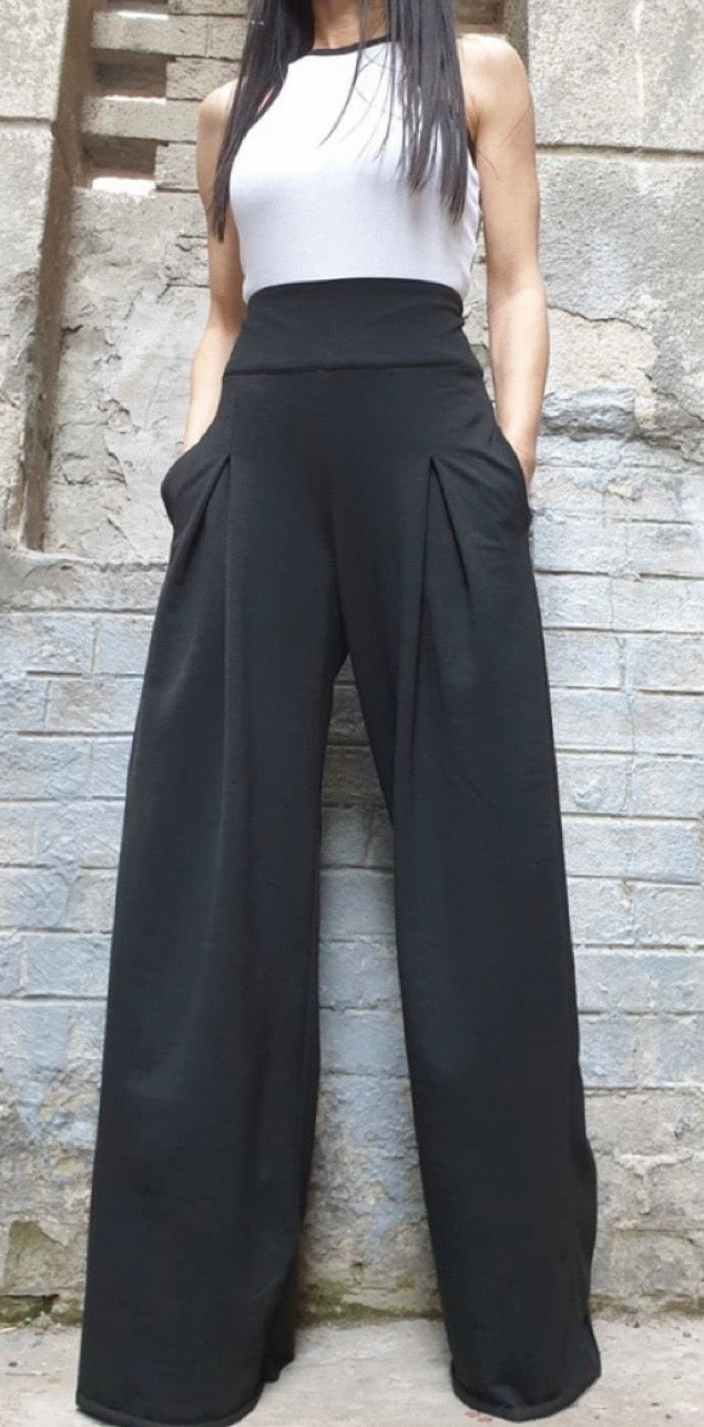 Black High Waist Wide Leg Cotton Pants – Asymmetrical Detail