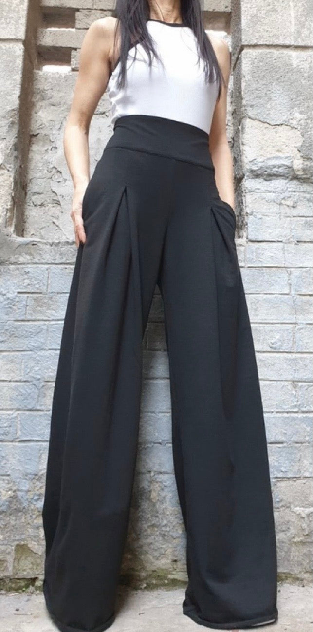 Black High Waist Wide Leg Cotton Pants – Asymmetrical Detail
