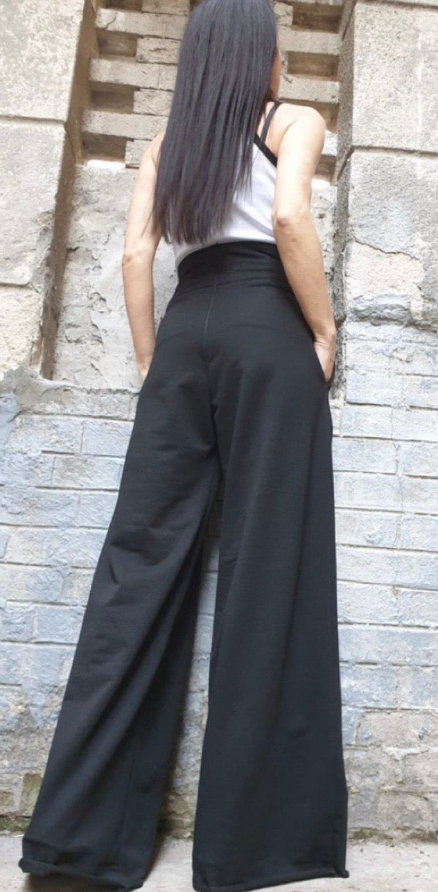 Black High Waist Wide Leg Cotton Pants – Asymmetrical Detail