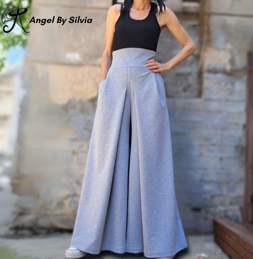 High Waist Wide Leg Pants / Asymmetrical Cotton Palazzo Pants