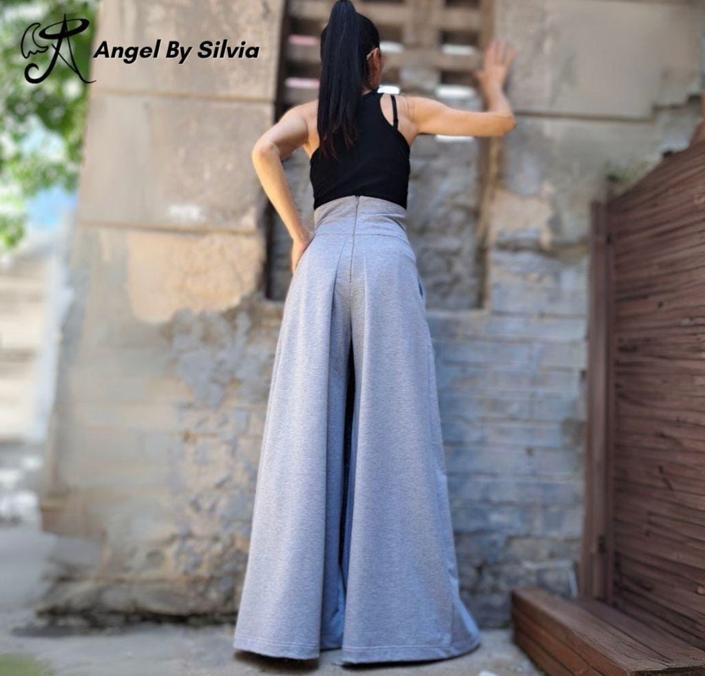 High Waist Wide Leg Pants / Asymmetrical Cotton Palazzo Pants