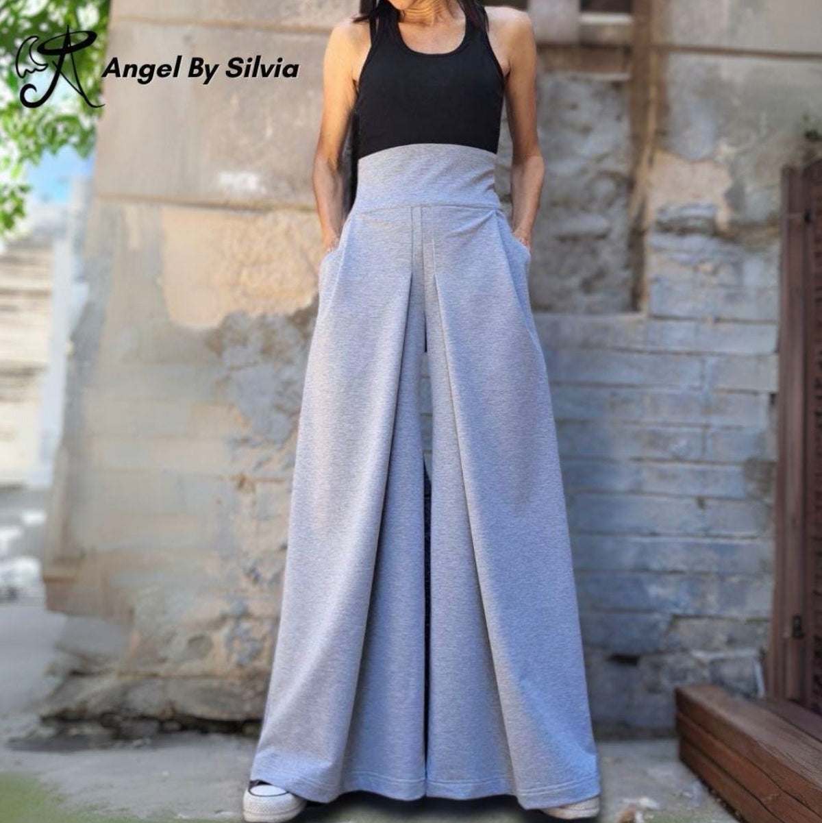 High Waist Wide Leg Pants / Asymmetrical Cotton Palazzo Pants