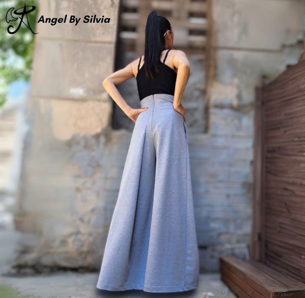 High Waist Wide Leg Pants / Asymmetrical Cotton Palazzo Pants