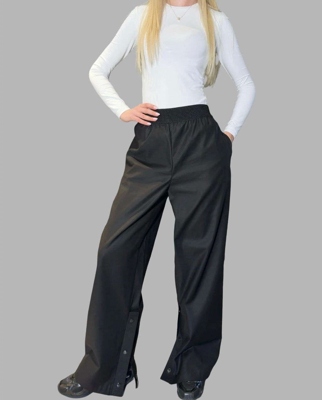 Black High Waist Wide Leg Pants with Snap Details – Avant Garde Cotton Trousers