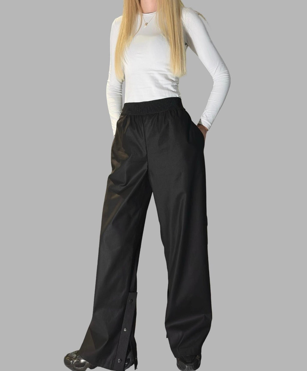Black High Waist Wide Leg Pants with Snap Details – Avant Garde Cotton Trousers