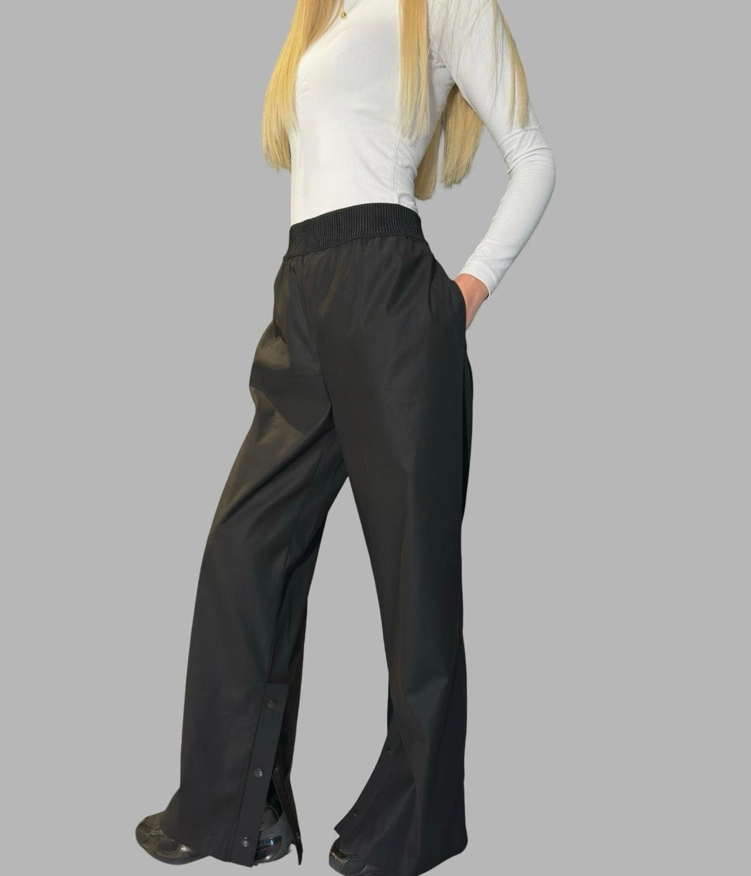 Black High Waist Wide Leg Pants with Snap Details – Avant Garde Cotton Trousers
