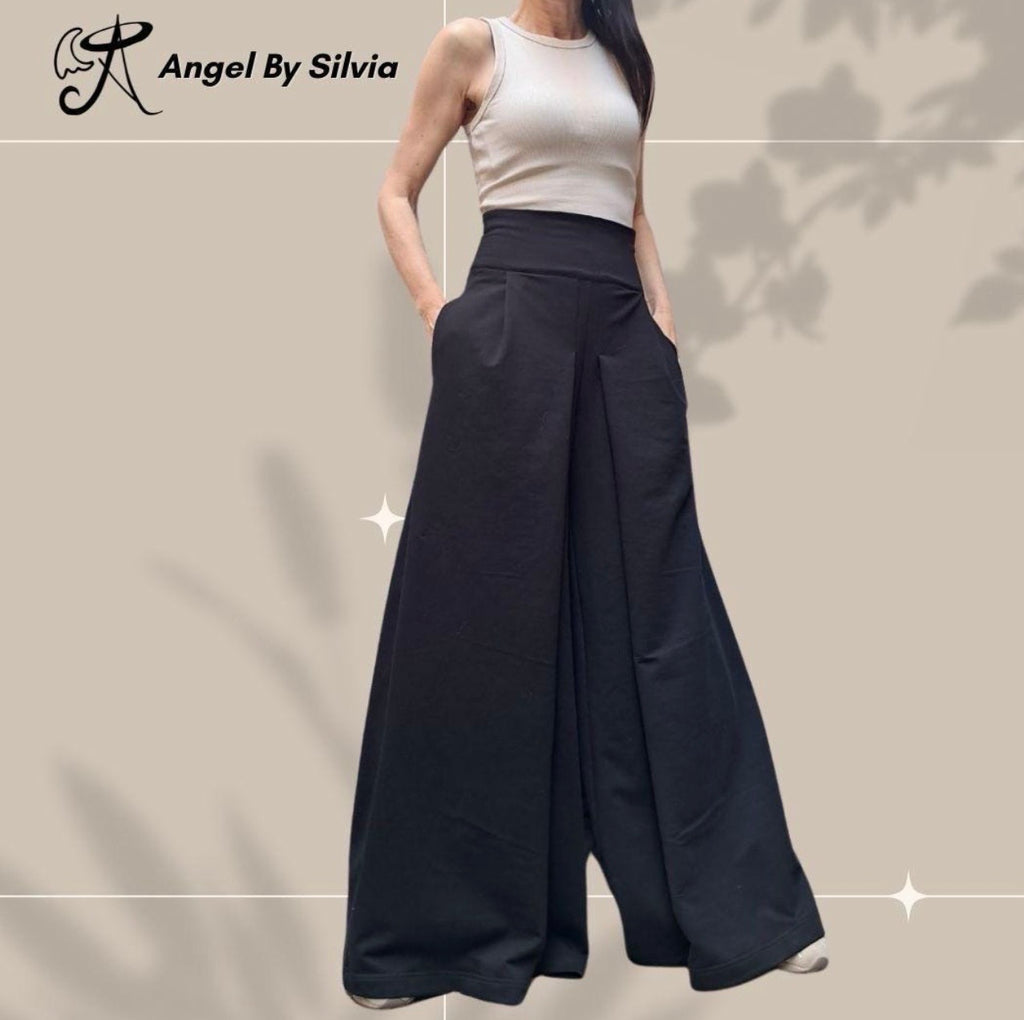 Black High Waist Palazzo Pants Skirt – Asymmetrical Wide Leg Cotton Trousers