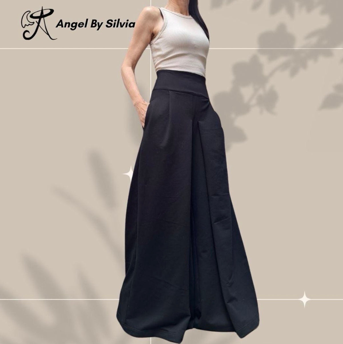 Black High Waist Palazzo Pants Skirt – Asymmetrical Wide Leg Cotton Trousers