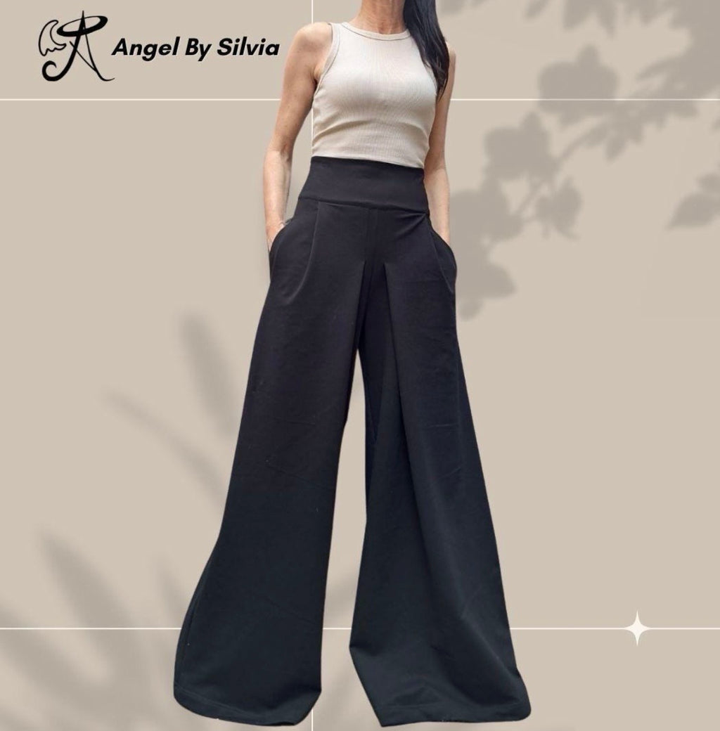 Black High Waist Palazzo Pants Skirt – Asymmetrical Wide Leg Cotton Trousers