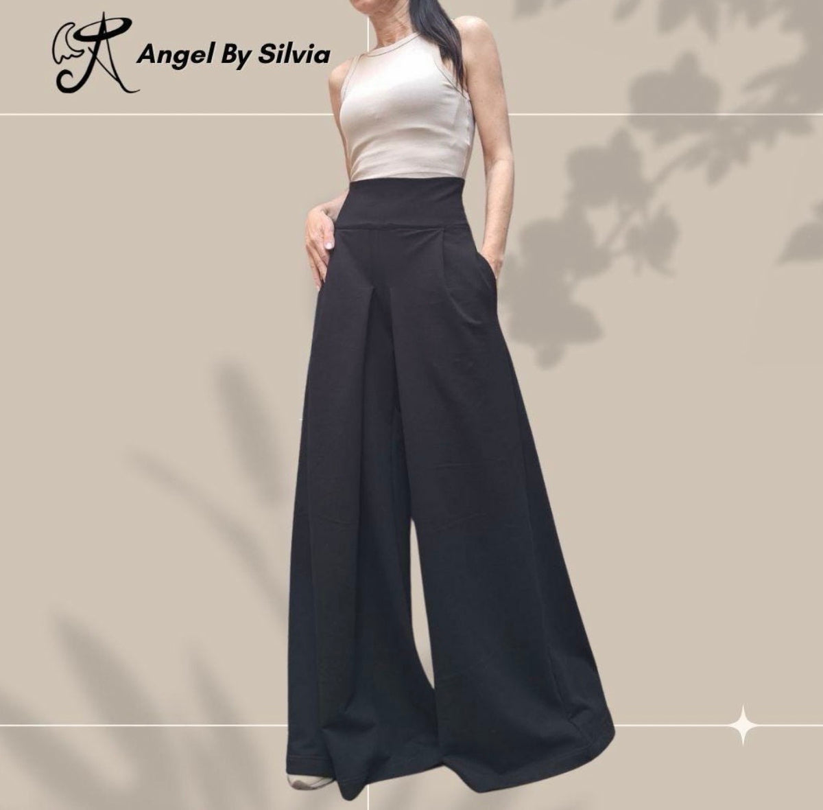 Black High Waist Palazzo Pants Skirt – Asymmetrical Wide Leg Cotton Trousers