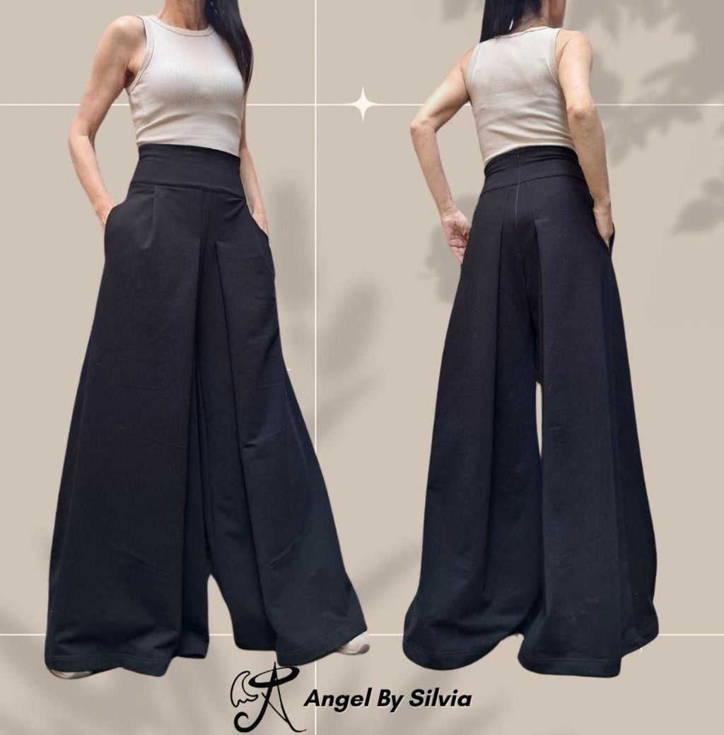 Black High Waist Palazzo Pants Skirt – Asymmetrical Wide Leg Cotton Trousers
