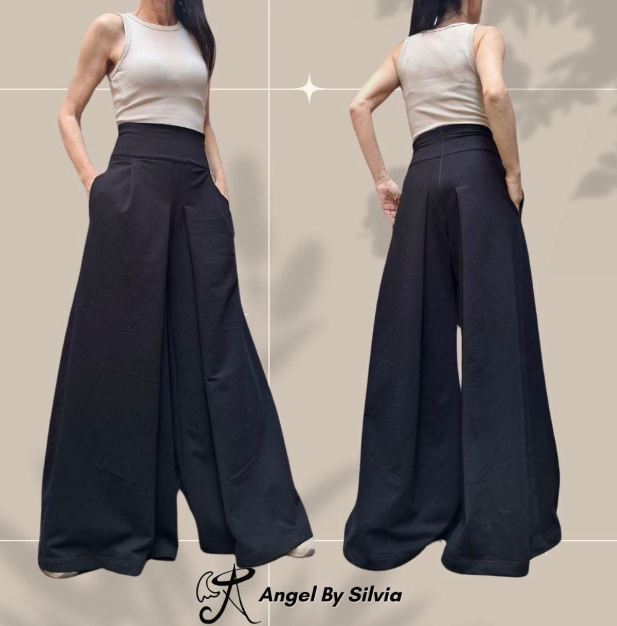 Black High Waist Palazzo Pants Skirt – Asymmetrical Wide Leg Cotton Trousers