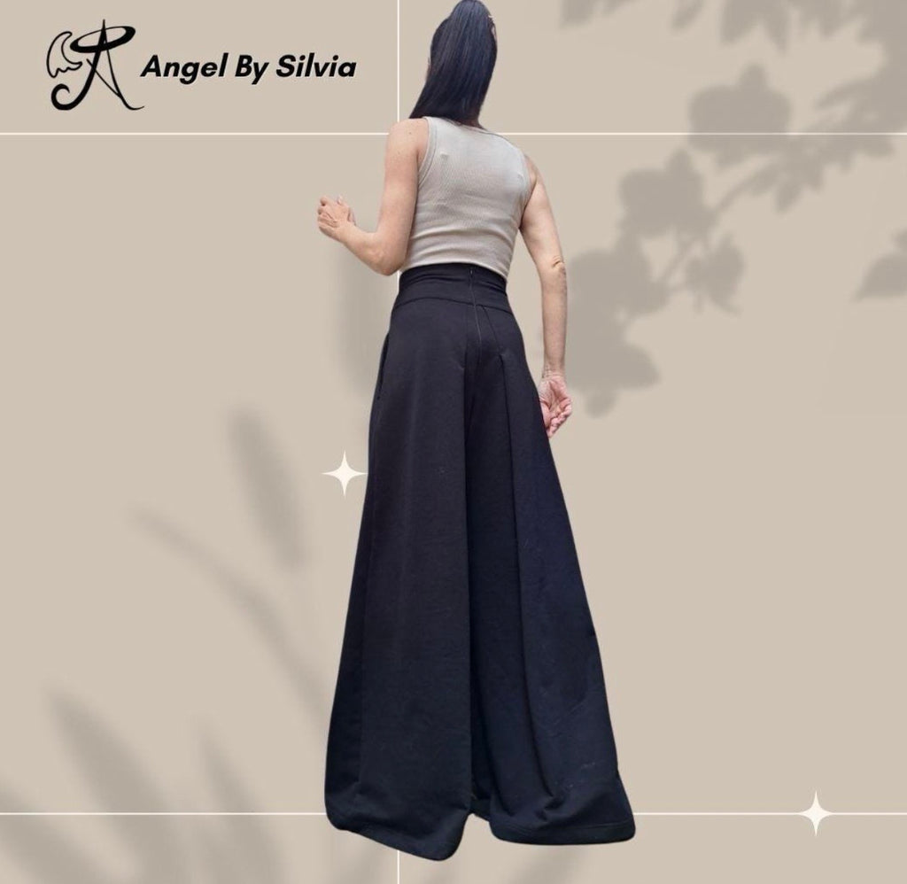 Black High Waist Palazzo Pants Skirt – Asymmetrical Wide Leg Cotton Trousers