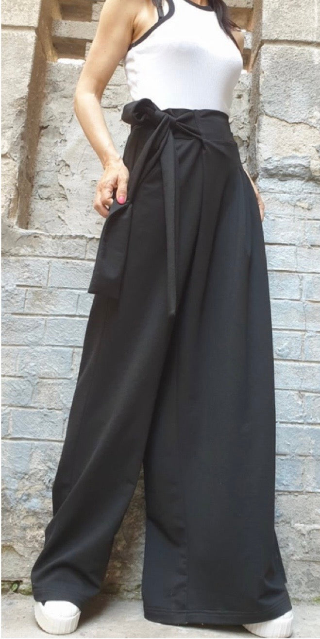 Black Asymmetrical Wide Leg Pants – Wrap Skirt Trousers
