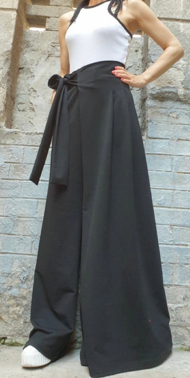 Black Asymmetrical Wide Leg Pants – Wrap Skirt Trousers