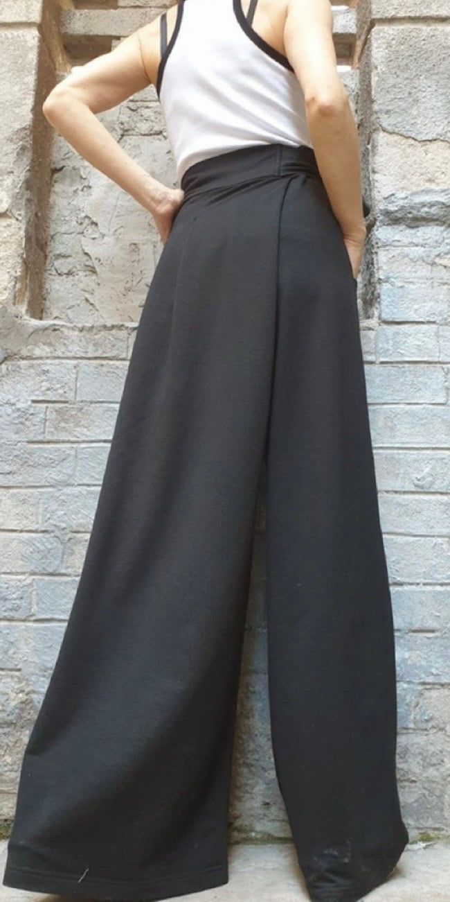 Black Asymmetrical Wide Leg Pants – Wrap Skirt Trousers