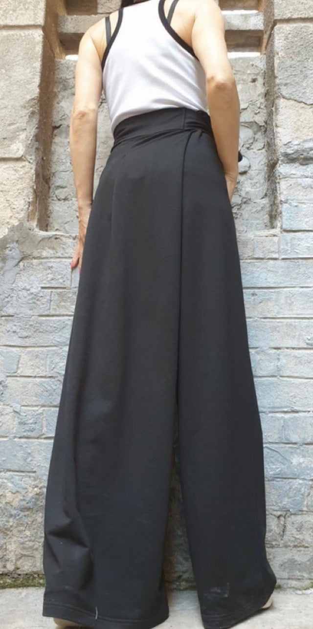 Black Asymmetrical Wide Leg Pants – Wrap Skirt Trousers