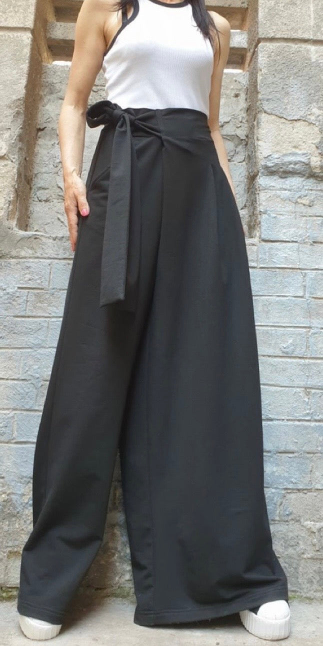 Black Asymmetrical Wide Leg Pants – Wrap Skirt Trousers