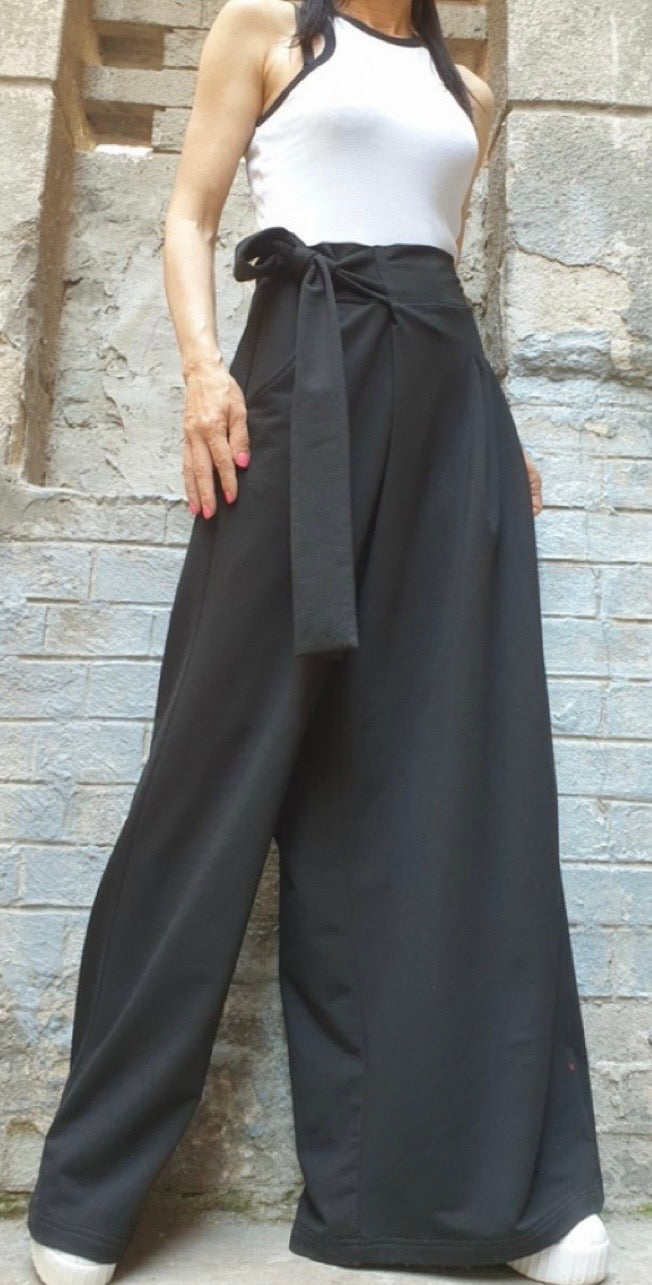 Black Asymmetrical Wide Leg Pants – Wrap Skirt Trousers