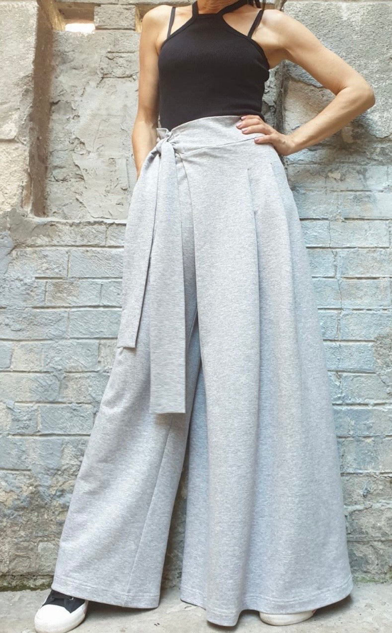 Grey Asymmetrical Wide Leg Pants with Skirt Panel – Wrap Waist Trousers