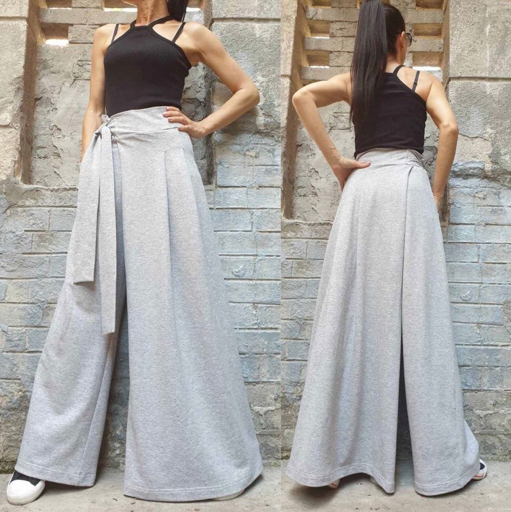 Grey Asymmetrical Wide Leg Pants with Skirt Panel – Wrap Waist Trousers
