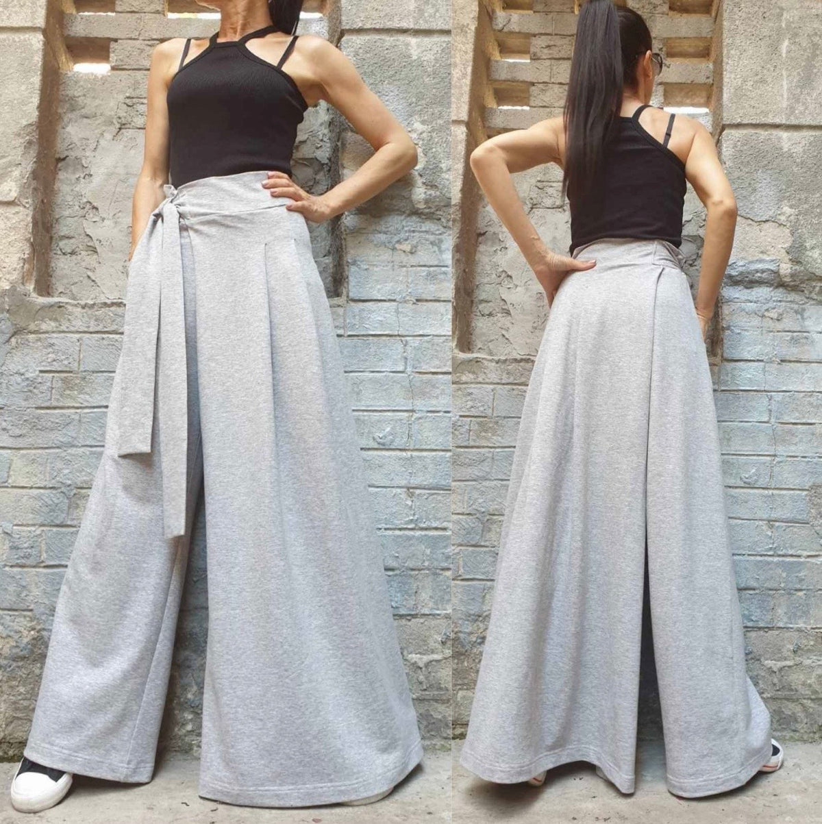 Grey Asymmetrical Wide Leg Pants with Skirt Panel – Wrap Waist Trousers