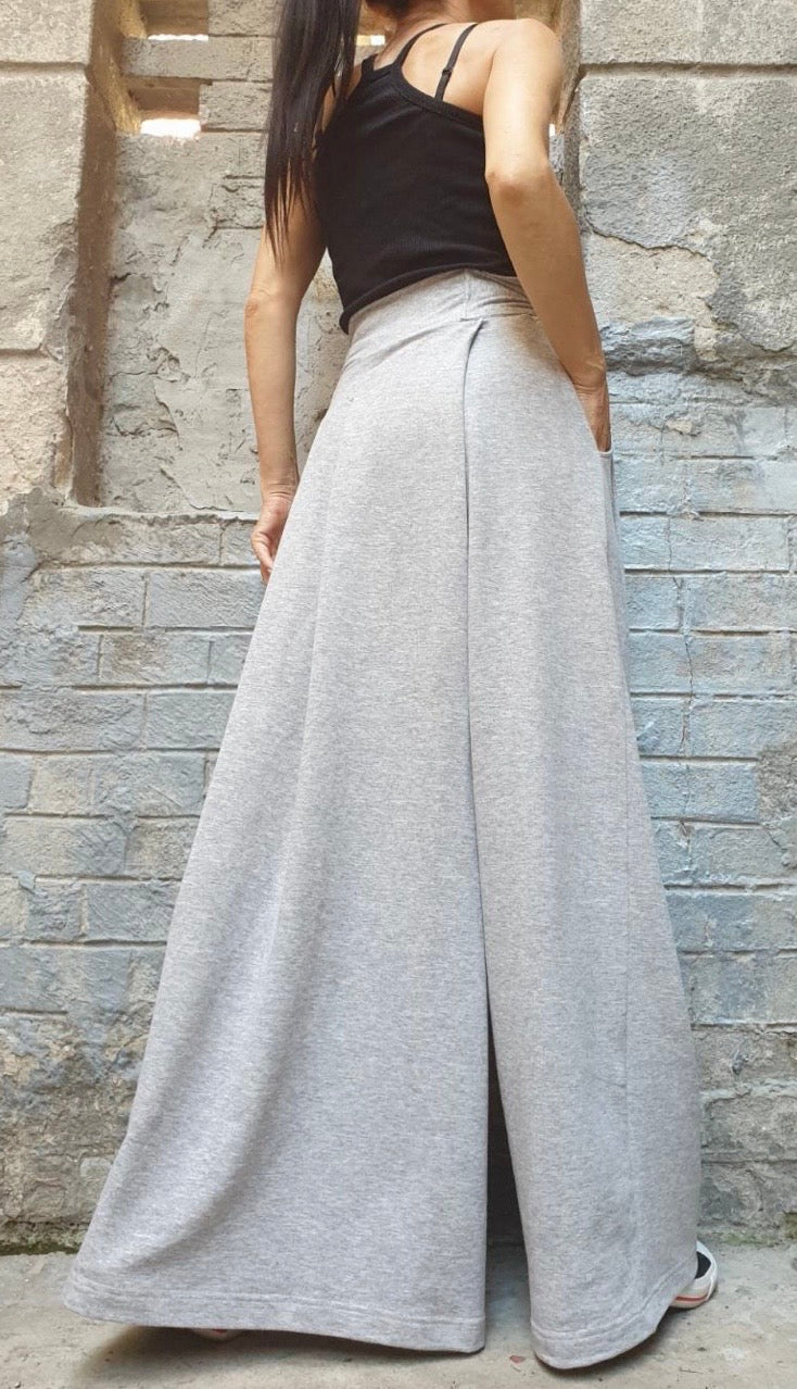 Grey Asymmetrical Wide Leg Pants with Skirt Panel – Wrap Waist Trousers