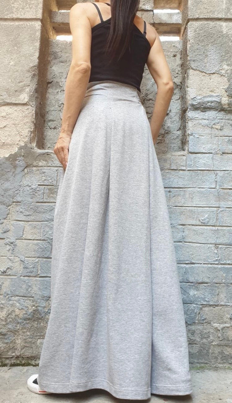Grey Asymmetrical Wide Leg Pants with Skirt Panel – Wrap Waist Trousers