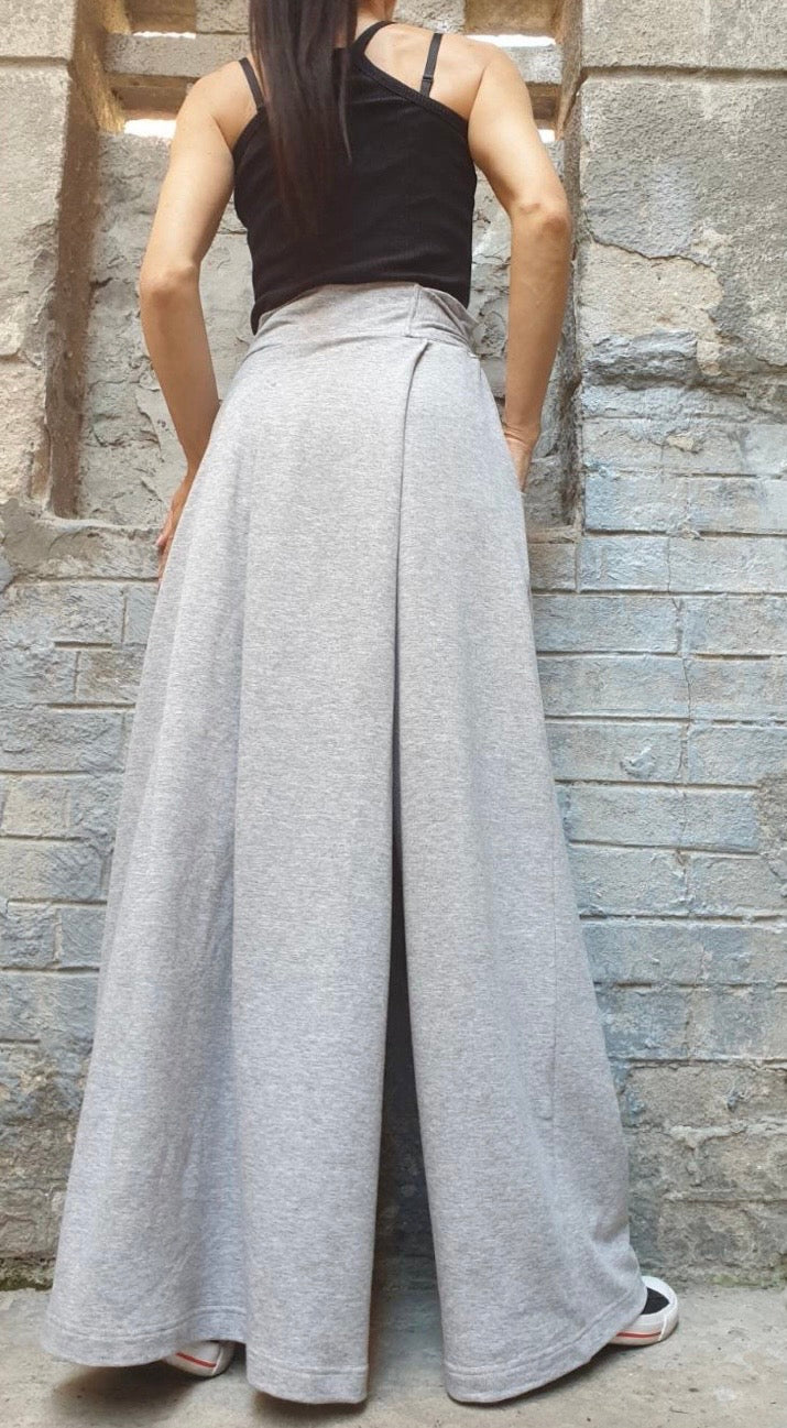 Grey Asymmetrical Wide Leg Pants with Skirt Panel – Wrap Waist Trousers