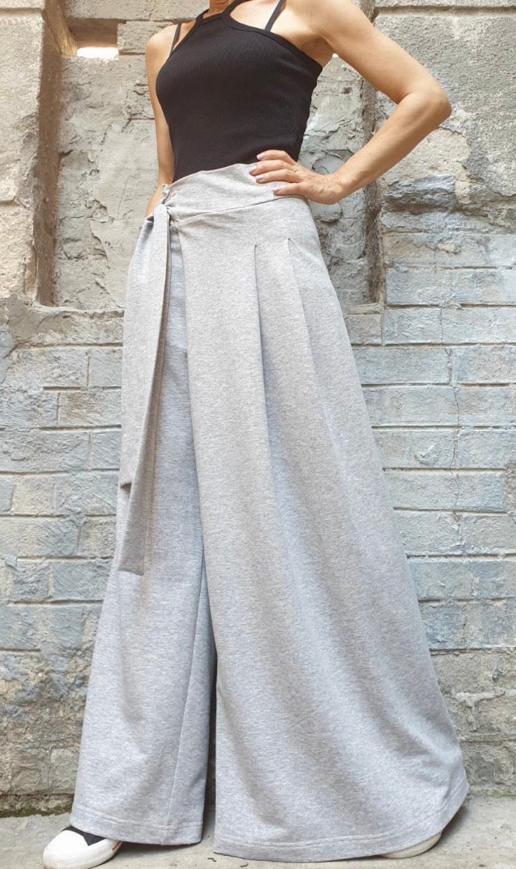 Grey Asymmetrical Wide Leg Pants with Skirt Panel – Wrap Waist Trousers