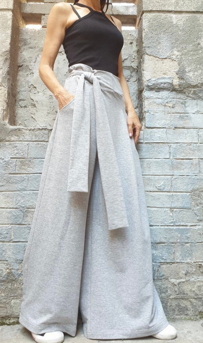 Grey Asymmetrical Wide Leg Pants with Skirt Panel – Wrap Waist Trousers