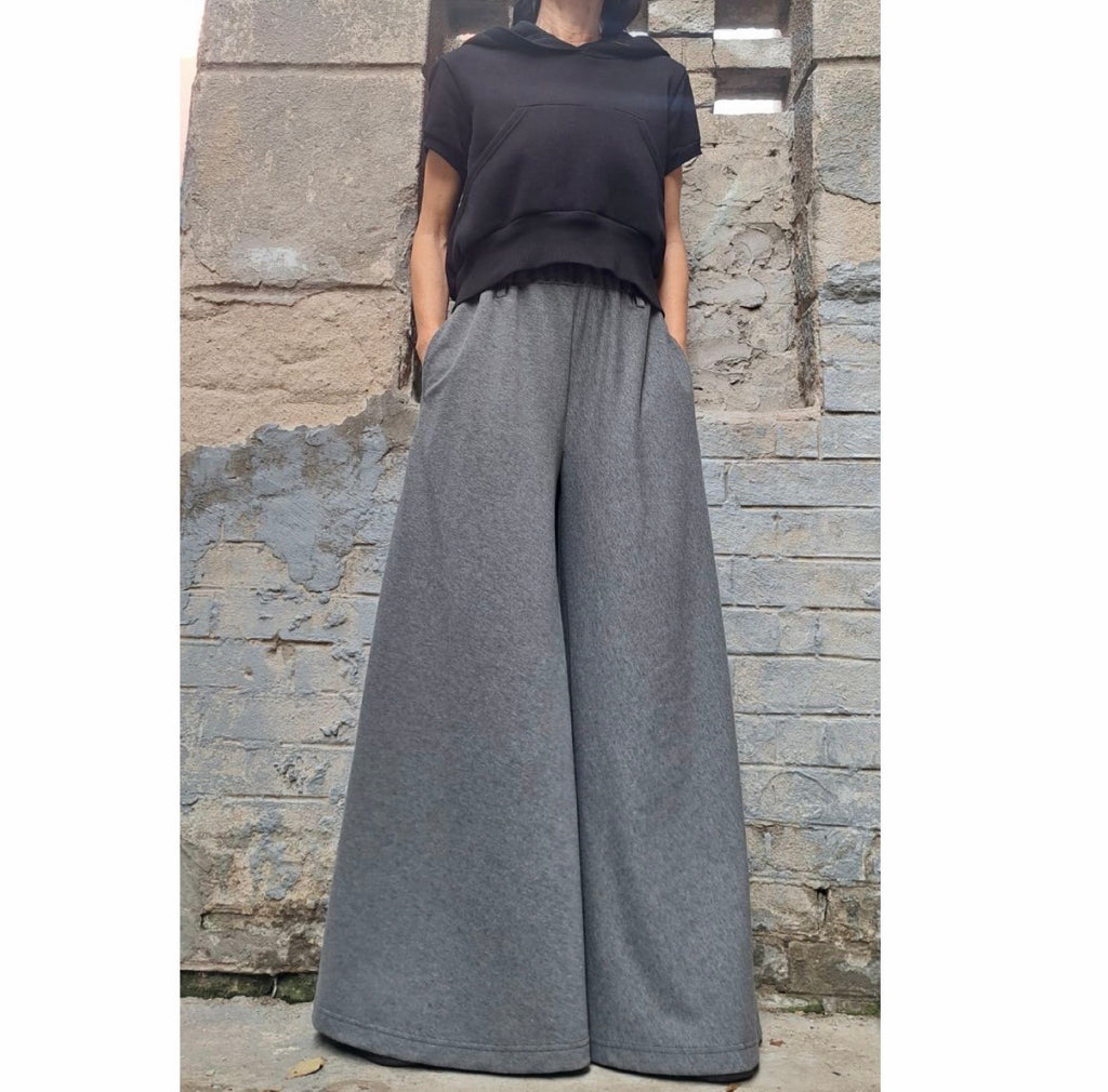 Grey Ultra Wide Leg Palazzo Pants – Loose Skirt Trousers