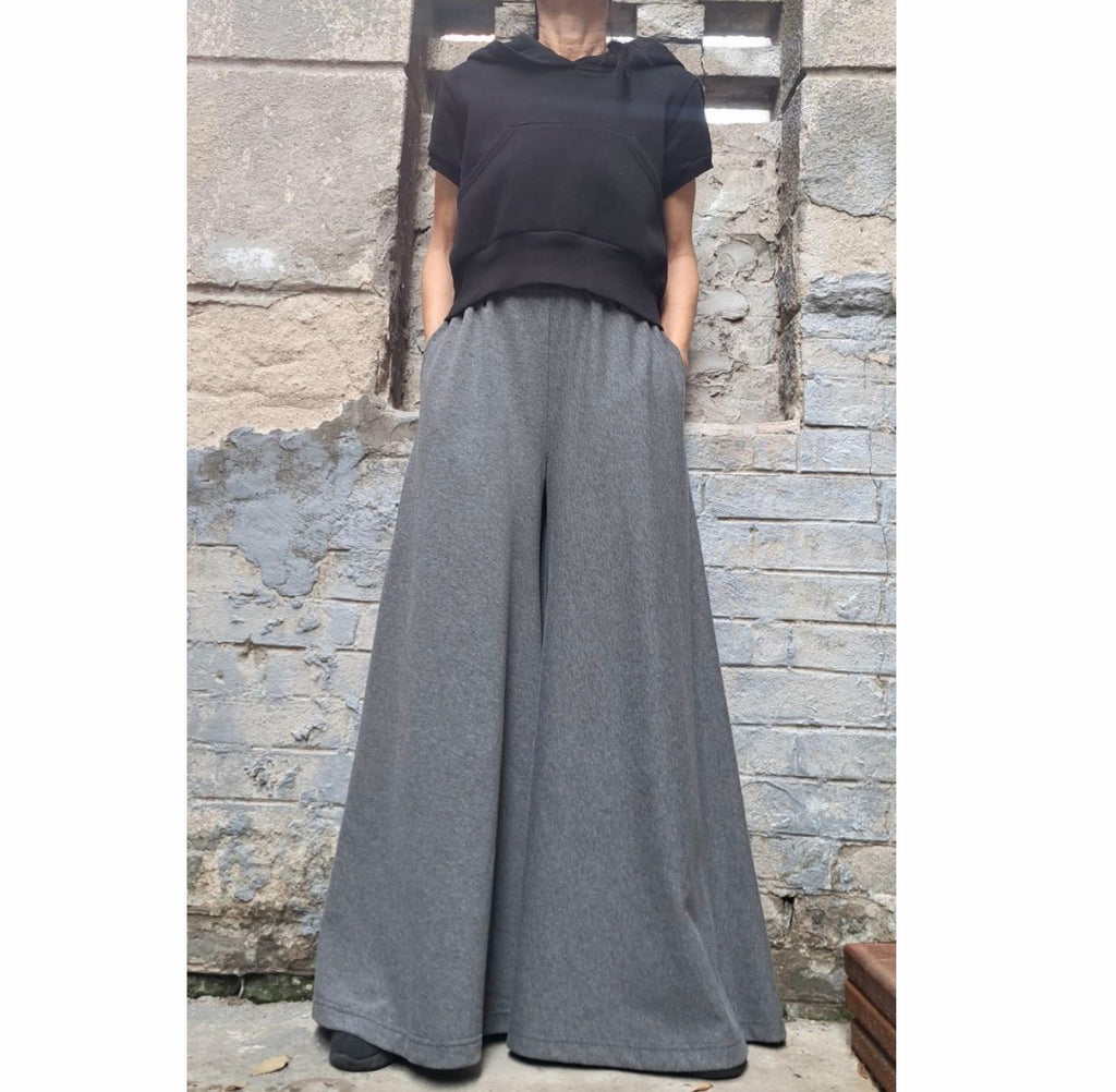 Grey Ultra Wide Leg Palazzo Pants – Loose Skirt Trousers