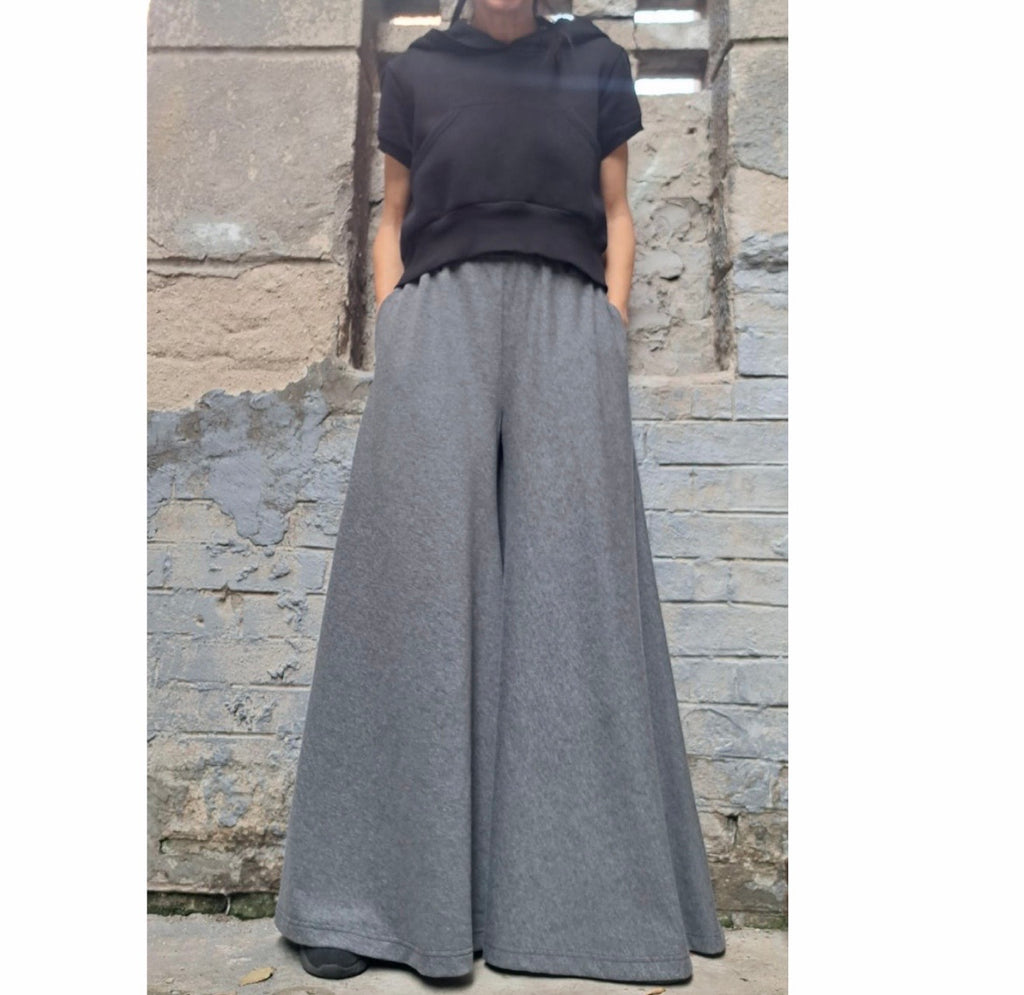 Grey Ultra Wide Leg Palazzo Pants – Loose Skirt Trousers