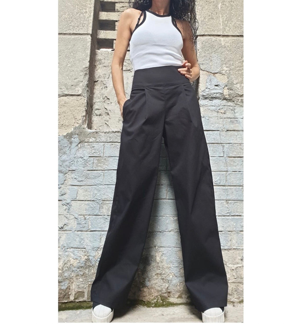 Black High Waist Wide Leg Pants – Asymmetrical Pleated Trousers