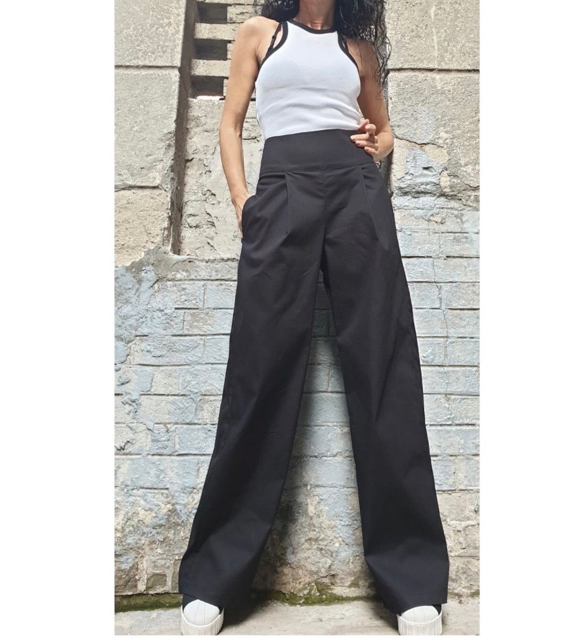 Black High Waist Wide Leg Pants – Asymmetrical Pleated Trousers