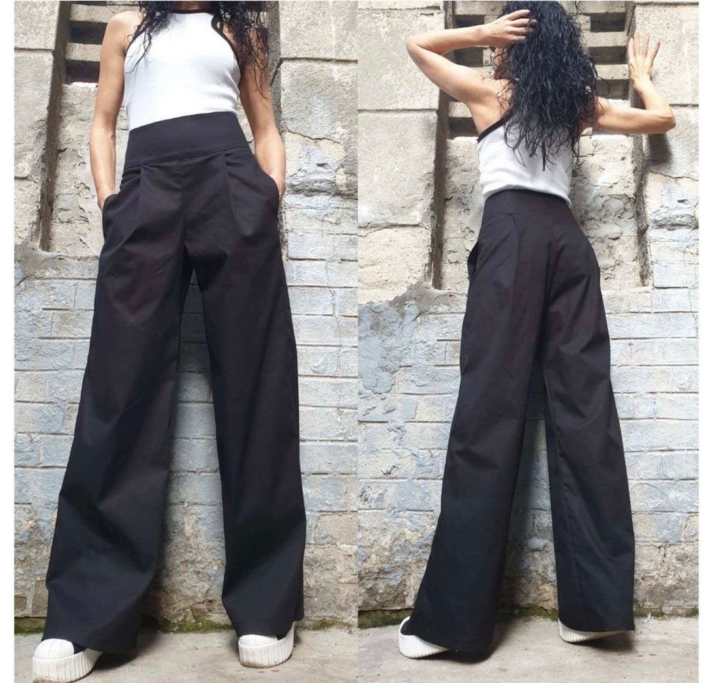 Black High Waist Wide Leg Pants – Asymmetrical Pleated Trousers
