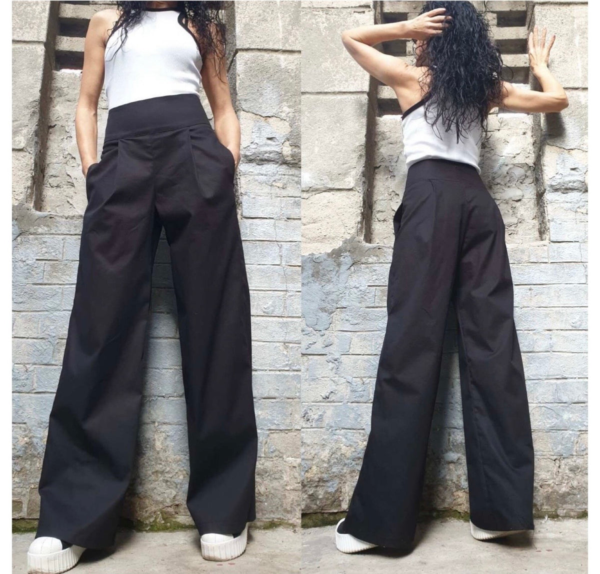 Black High Waist Wide Leg Pants – Asymmetrical Pleated Trousers