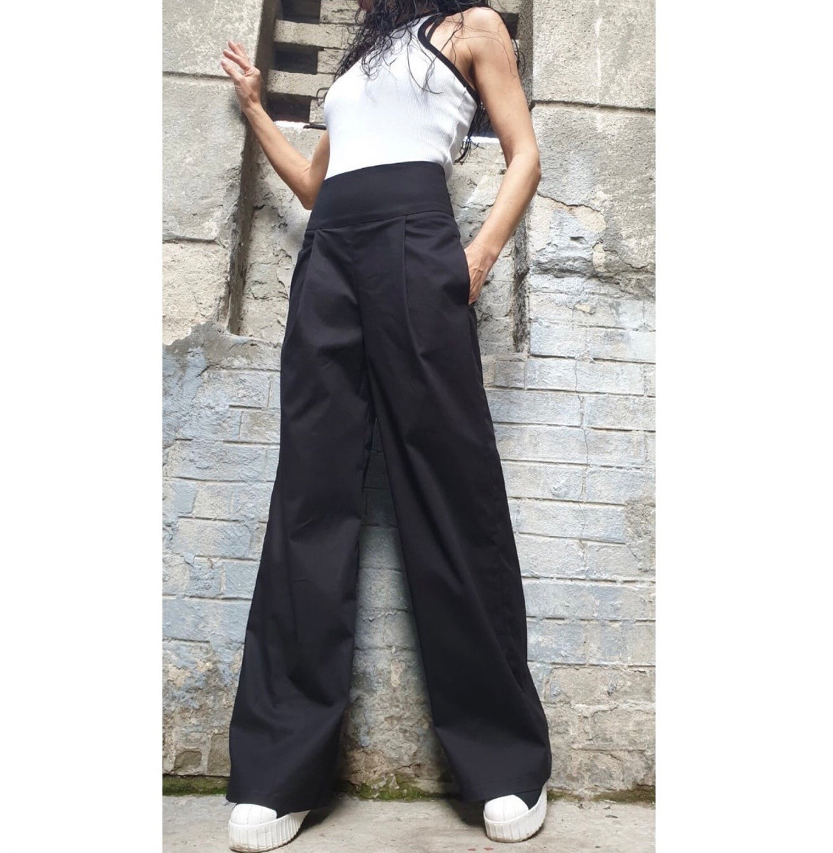 Black High Waist Wide Leg Pants – Asymmetrical Pleated Trousers