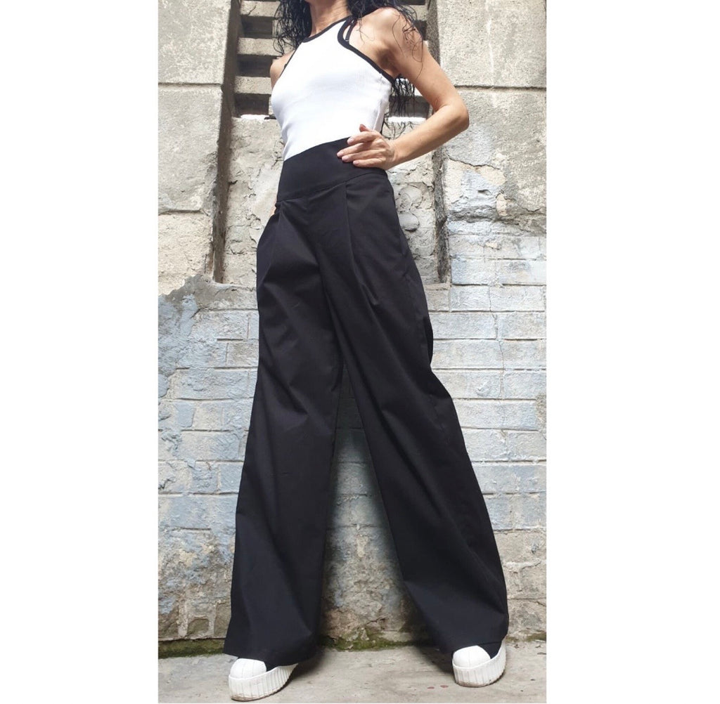 Black High Waist Wide Leg Pants – Asymmetrical Pleated Trousers