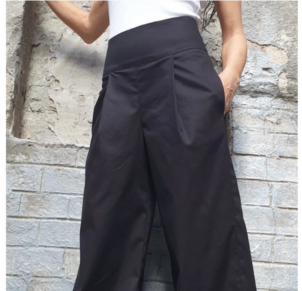 Black High Waist Wide Leg Pants – Asymmetrical Pleated Trousers