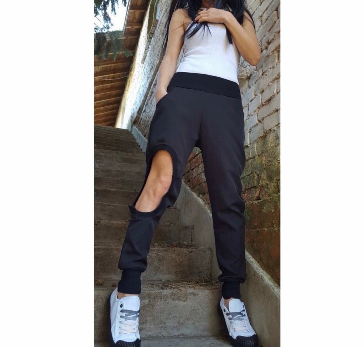 Black Cutout Jogger Pants – Asymmetrical Cotton Trousers