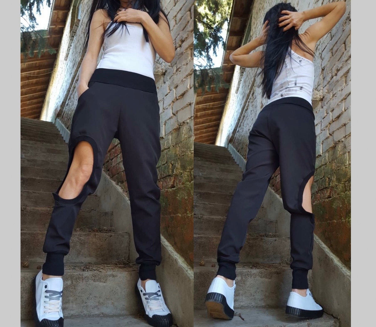 Black Cutout Jogger Pants – Asymmetrical Cotton Trousers