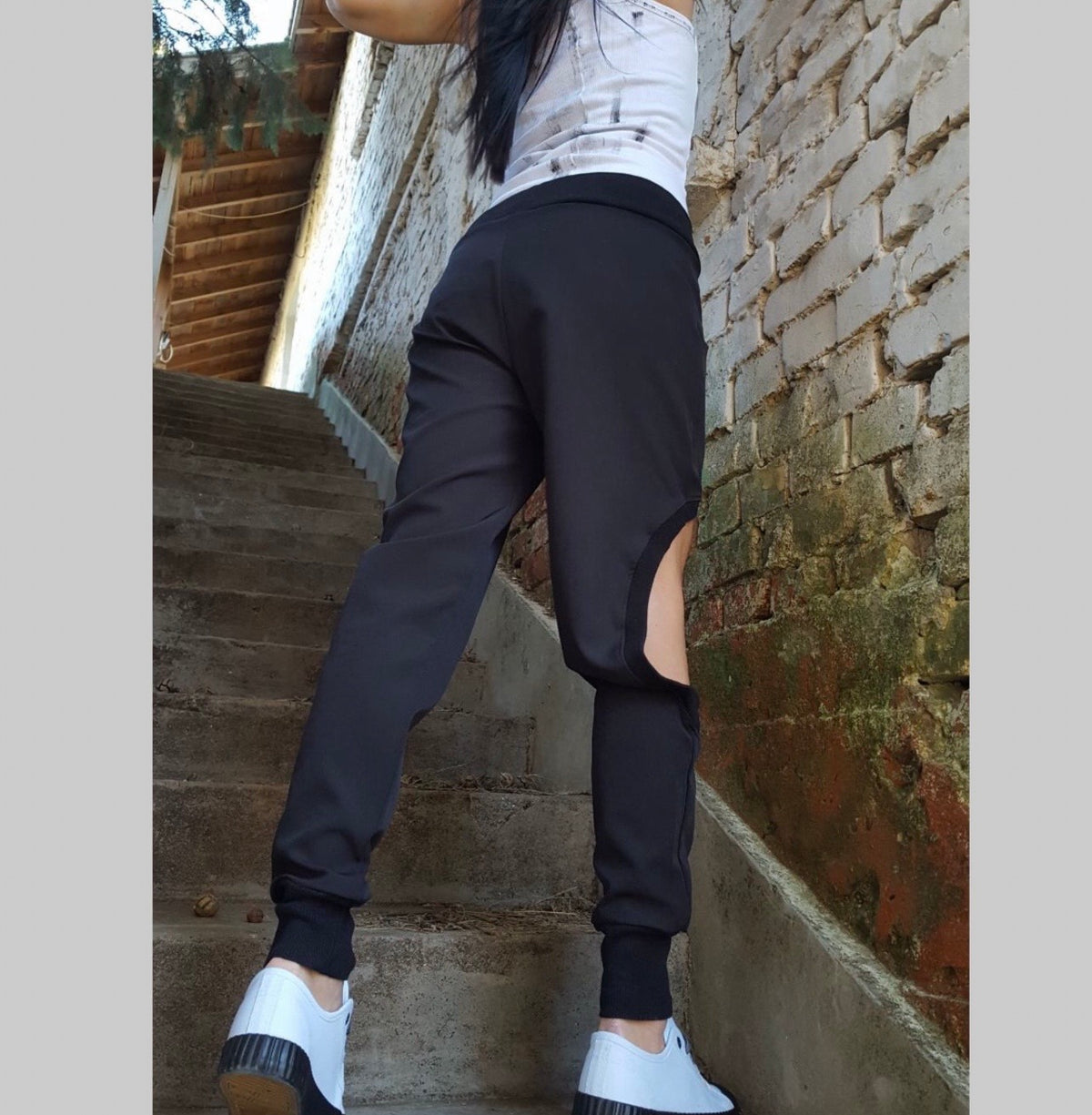 Black Cutout Jogger Pants – Asymmetrical Cotton Trousers