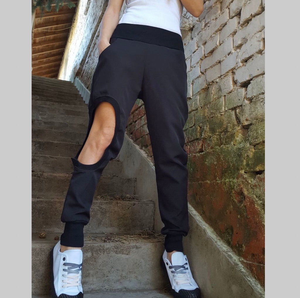 Black Cutout Jogger Pants – Asymmetrical Cotton Trousers