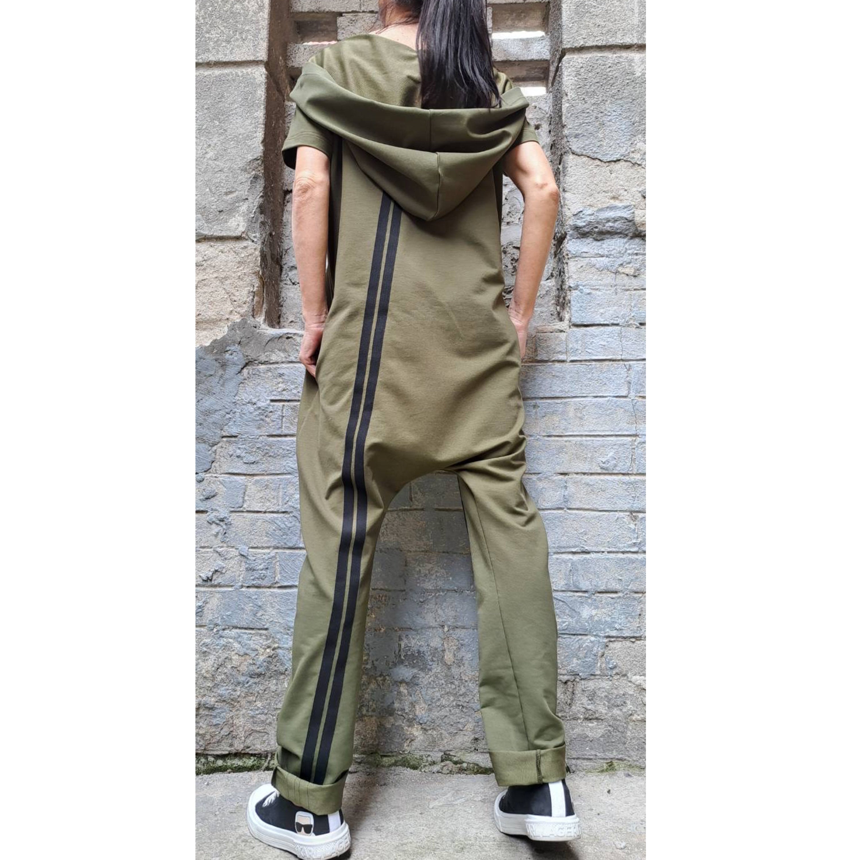 Women’s Hooded Harem Jumpsuit – Short Sleeve Urban Overall with Zipper / Cotton Streetwear Romper / Baggy Drop-Crotch Jumpsuit