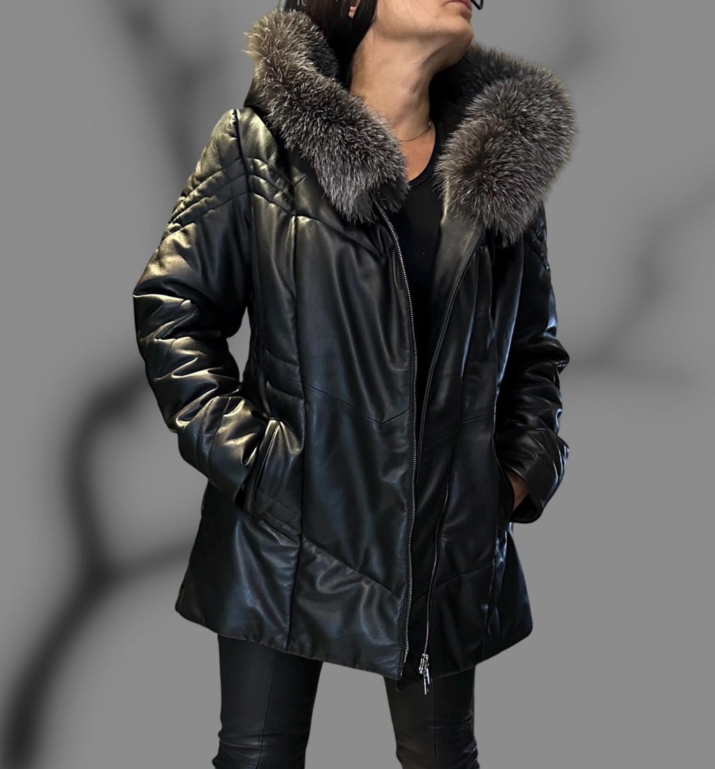 Women’s Real Lambskin Leather Coat with Genuine Fox Fur Hood / Winter Luxury Shearling Jacket / Warm Handmade Leather Outerwear