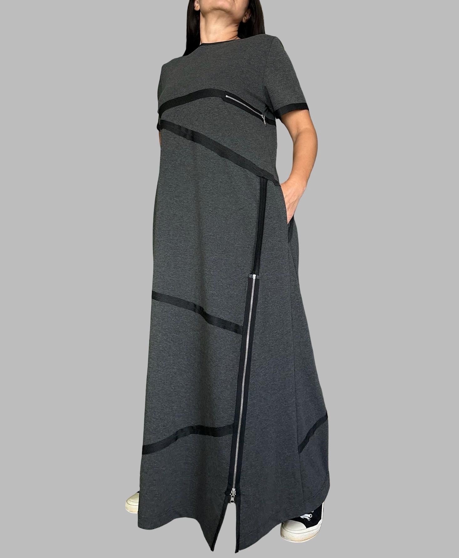 Modern Asymmetrical Maxi Dress / Cotton Urban Dress with Zipper