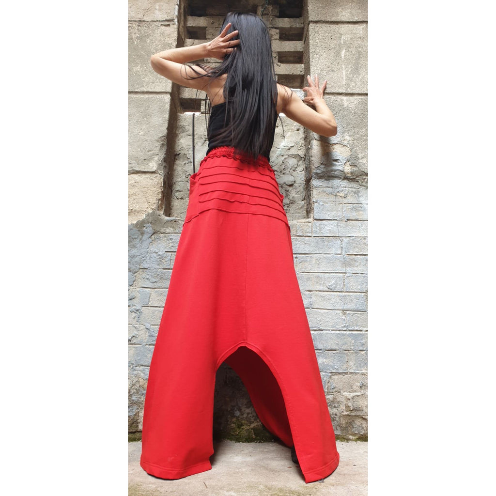 Asymmetrical Red Maxi Skirt / High Waist Cotton Skirt with Pockets / Avant-Garde Style